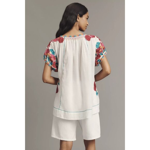 By Anthropologie Short-Sleeve Embroidered Tunic Top M - Picture 3 of 4